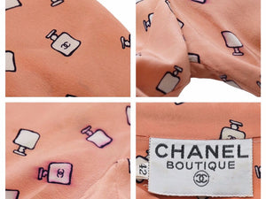 CHANEL シャネル ヴィンテージ 香水柄 ワンピース 42 総柄 ピンク ココマーク 長袖 クローバーボタン 中古 24970 正