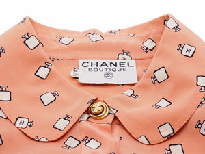 CHANEL シャネル ヴィンテージ 香水柄 ワンピース 42 総柄 ピンク ココマーク 長袖 クローバーボタン 中古 24970 正