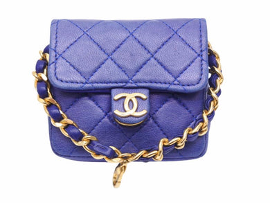 CHANEL シャネル ヴィンテージ ミニミニマトラッセ ポーチ ラムスキン ブルー ゴールド金具 中古 N27272