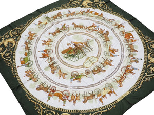 HERMES エルメス カレ90 スカーフ LA PROMENADE DE LONGCHAMPS ロンシャンへの散歩 シルク グリーン 中古 31643
