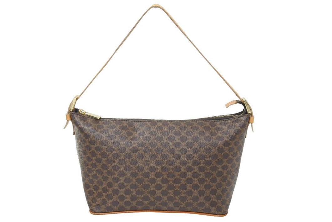 CELINE セリーヌ マカダム ショルダーバッグ ワンショルダー ブラウン ロゴ カバン 鞄 ゴールド金具 ポーチ型 中古 32041