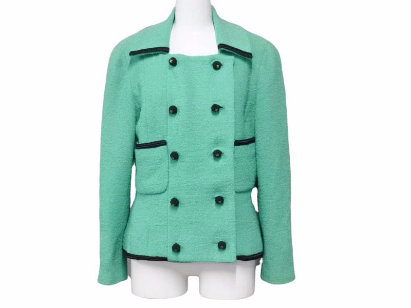 CHANEL シャネル ツイードジャケット エメラルドグリーン くるみボタン ココマーク レディース サイズ38 中古 N33681