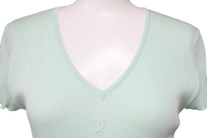 CHANEL シャネル 95P 半袖ニット カットソー トップス Ｔシャツ ミニココマーク サイズ 40 グリーンブルー レディース 美品 35537
