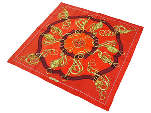 HERMES エルメス カレ90 スカーフ ストール 大判 ヴィンテージ MOTIF MORS ET BLASONS シルク レッド イエロー 美品 中古 35868
