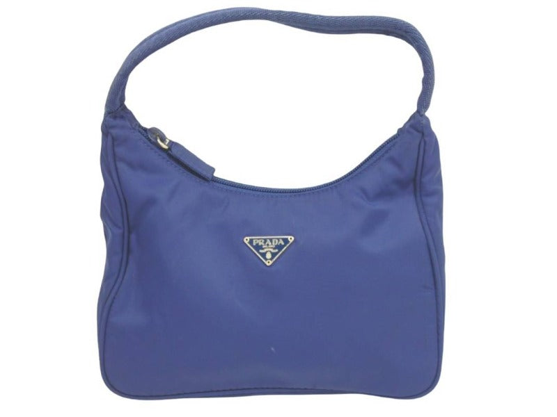 PRADA プラダ ホーボー ヴィンテージ ハンドバッグ ミニ ナイロン 三角ロゴ ブルー シルバー レディース 美品 中古 36698 正規品
