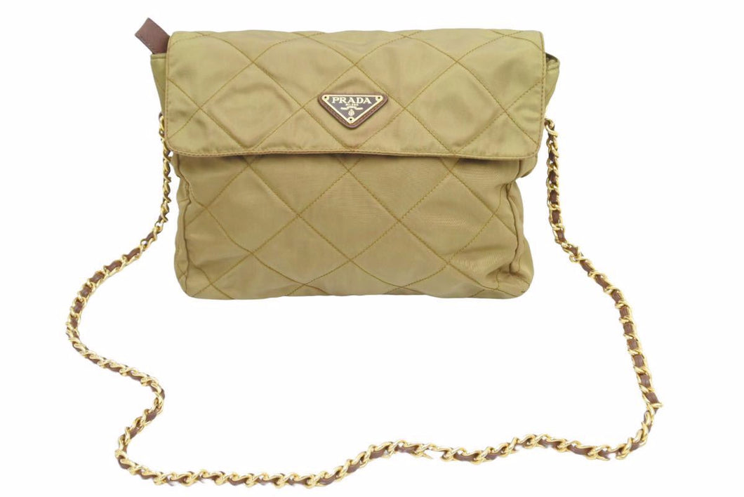 PRADA プラダ ショルダーバック バック バック ゴールド チェーン 三角プレート ナイロン キルティング ユニセックス 美品 37407