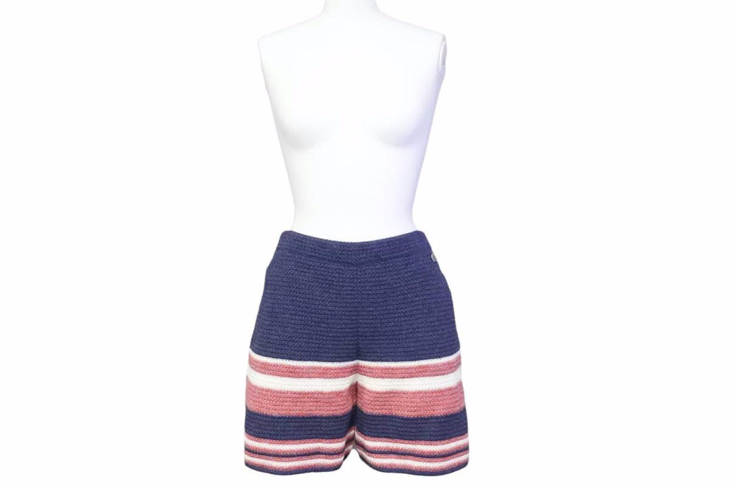 CHANEL シャネル ショートパンツ ニット ネイビー レッド ホワイト ココマークプレート 半ズボン サイズ34 レディース 38133