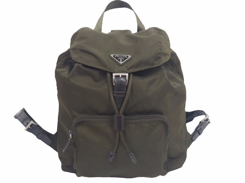 PRADA プラダ ヴィンテージ ミニバックパック ナイロン レザー カーキ シルバー金具 レディース 中古 N38137