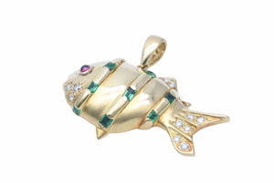 K18 ペンダントトップ 魚 ネックレス 11.4g ゴールド ダイヤモンド 0.27ct ルビー エメラルド 金 貴金属 フィッシュ 美品 38263