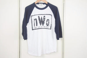 nWo エヌダブオー ニューワールドオーダー ラグランＴシャツ 7分丈 ロゴプリント ホワイト ブラック サイズM 中古 38330