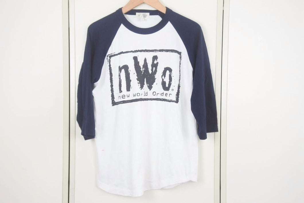 nWo エヌダブオー ニューワールドオーダー ラグランＴシャツ 7分丈 ロゴプリント ホワイト ブラック サイズM 中古 38330