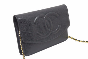 CHANEL シャネル ショルダーバッグ チェーンウォレット ショルダーバッグ ブラック系 キャビアスキン 美品 中古 38398