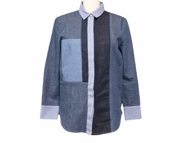 CELINE セリーヌ デニム 切り替え シャツ バイカラー ブラウス ブルー スカイブルー フィービー期 サイズ34 レディース 中古 38559