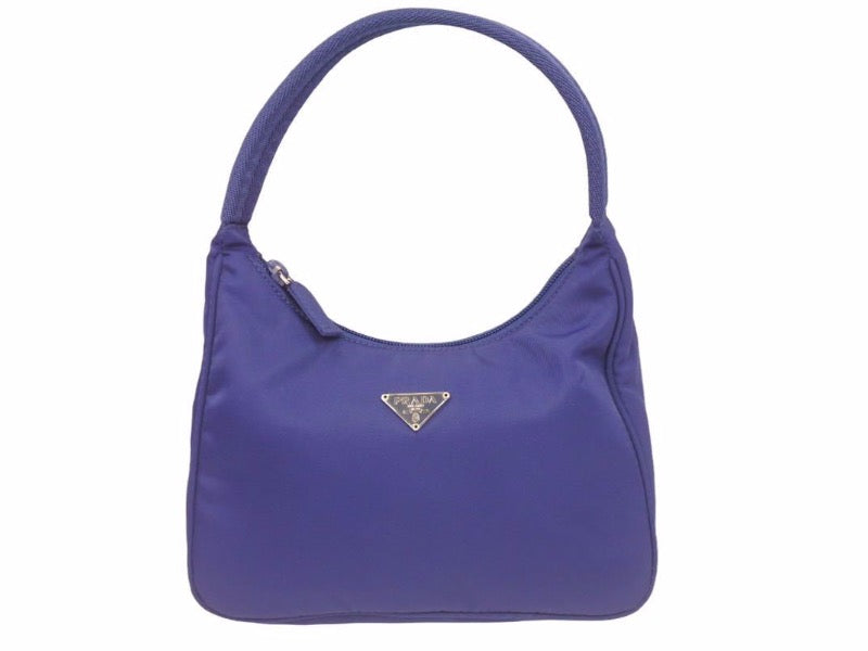 PRADA プラダ ホーボー ヴィンテージ ハンドバッグ ミニ ナイロン 三角ロゴ ブルー シルバー レディース 美品 中古 38703