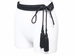 Saint Laurent Paris サンローランパリ タッセルベルト ブラック レザー ロゴ入りチャーム コットン レディース 美品 38743