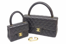 画像をギャラリービューアに読み込む, CHANEL シャネル マトラッセ 親子バッグ ハンド バッグ レザー ブラック ゴールド 金具 ヴィンテージ 美品 中古 38954