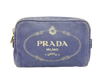 画像をギャラリービューアに読み込む, PRADA プラダ ポーチ キャンパス ミニポーチ ゴールド金具 ブルー ストライプ 中古 39484