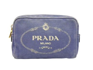 PRADA プラダ ポーチ キャンパス ミニポーチ ゴールド金具 ブルー ストライプ 中古 39484