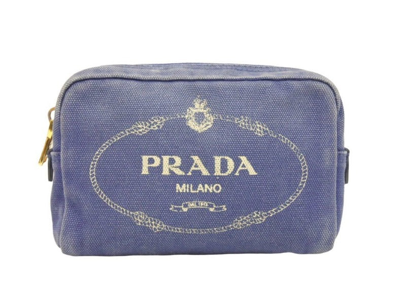 PRADA プラダ ポーチ キャンパス ミニポーチ ゴールド金具 ブルー ストライプ 中古 39484