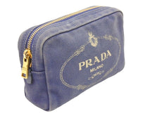 画像をギャラリービューアに読み込む, PRADA プラダ ポーチ キャンパス ミニポーチ ゴールド金具 ブルー ストライプ 中古 39484