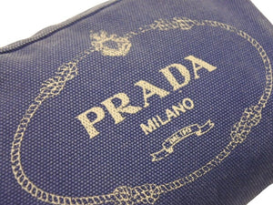 PRADA プラダ ポーチ キャンパス ミニポーチ ゴールド金具 ブルー ストライプ 中古 39484