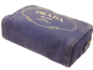 PRADA プラダ ポーチ キャンパス ミニポーチ ゴールド金具 ブルー ストライプ 中古 39484