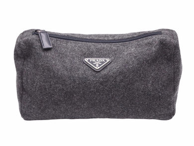 PRADA プラダ バッグ ハンドポーチ コスメポーチ 小物入れ クラッチ ロゴプレート ウール グレー レディース 中古 39660