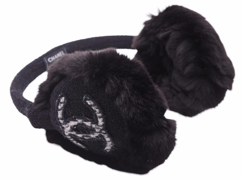 CHANEL シャネル イヤーマフ ブラック 黒 ココマーク ロゴ カシミヤ 耳あて ツイード 小物 レディース 中古 39761