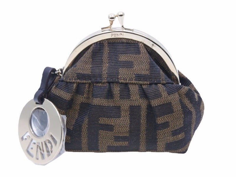 FENDI フェンディ コインケース ズッカ 柄 財布 小銭入れ がま口 ロゴ ブラウン シルバー 金具 ユニセックス 中古 39981