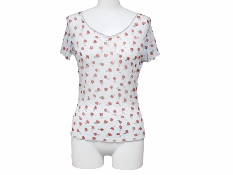 CHANEL シャネル 半袖Tシャツ レーストップス 99S シースルー ココマーク ロゴ 総柄 リンゴ レディース 中古 40106