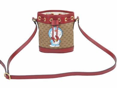 Gucci グッチ ドラエモン コラボ ミニバケットバッグ GGスプリームキャンバス 647801 2T0AG ワインレッド ブラウン 美品 40169