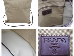 PRADA プラダ ロゴジャガード ショルダーバッグ トートバッグ 刺繍 キャンバス レザー ベージュ ブラウン 中古 40180