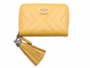 CHANEL シャネル コインケース カードケース ラムレザー タッセル ギャランティカード付 イエロー シルバー 良好 40478