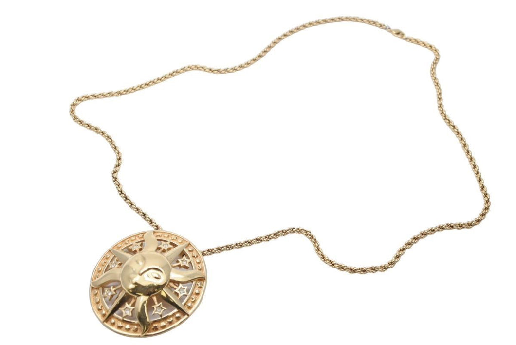Christian Dior クリスチャンディオール ネックレス ブローチ メダル 太陽モチーフ GP ラインストーン ゴールド 良品 中古 40716