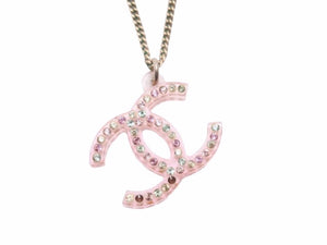 CHANEL シャネル ココマーク ロゴ ジュエリー ラインストーン ネックレス ペンダント 04A クリア ピンク ゴールド 中古 40757