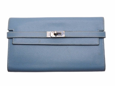 HERMES エルメス ケリーウォレット ヴォーエプソン □P刻印 ブルージーン シルバー金具 長財布 良品 中古 40774 正規品
