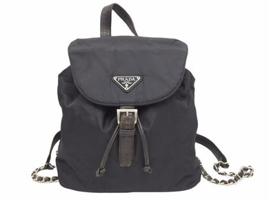 PRADA プラダ リュック チェーン バッグ バッグパック ナイロン 三角ロゴプレート ブラック レザー 中古 41011