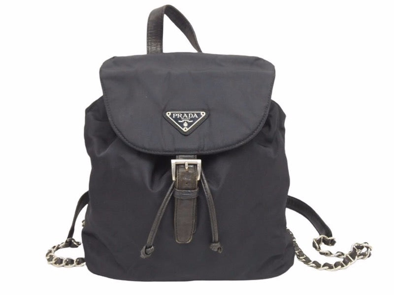 PRADA プラダ リュック チェーン バッグ バッグパック ナイロン 三角ロゴプレート ブラック レザー 中古 41011