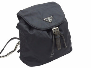 PRADA プラダ リュック チェーン バッグ バッグパック ナイロン 三角ロゴプレート ブラック レザー 中古 41011
