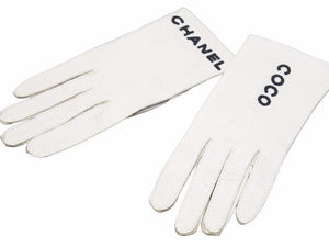 CHANEL シャネル 手袋 グローブ アームカバー COCO ロゴ刺繍 レザー ホワイト ブラック サイズ7 中古 41218