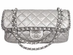 CHANEL シャネル マトラッセ ダブルフラップ ダブルチェーンバッグ 14番台 ラムスキン メタリックレザー グレー 中古 美品 41236