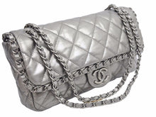 Load image into Gallery viewer, CHANEL シャネル マトラッセ ダブルフラップ ダブルチェーンバッグ 14番台 ラムスキン メタリックレザー グレー 中古 美品 41236