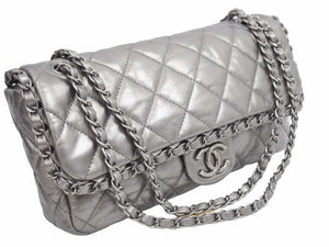 CHANEL シャネル マトラッセ ダブルフラップ ダブルチェーンバッグ 14番台 ラムスキン メタリックレザー グレー 中古 美品 41236