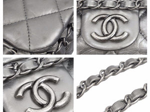 CHANEL シャネル マトラッセ ダブルフラップ ダブルチェーンバッグ 14番台 ラムスキン メタリックレザー グレー 中古 美品 41236