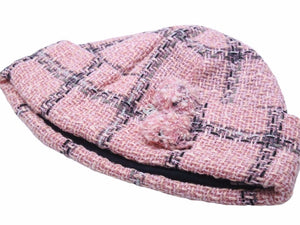 極美品 CHANEL シャネル ニットキャップ ピンク ツイード ココマーク 帽子 ロゴ サイズ57 中古 41314