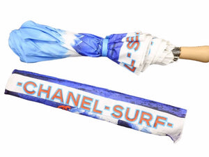 CHANEL シャネル サーフライン 折畳傘 SURF 傘 ヴィンテージ アンブレラ パラソル ポリエステル ブルー 中古 美品 41328