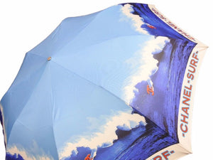 CHANEL シャネル サーフライン 折畳傘 SURF 傘 ヴィンテージ アンブレラ パラソル ポリエステル ブルー 中古 美品 41328