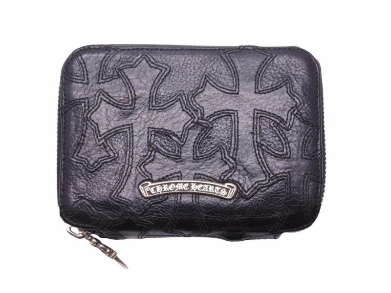 新品同様 CHROME HEARTS クロムハーツ セメタリークロス ラウンドジップ レザーウォレット クロスパッチ 財布 41335