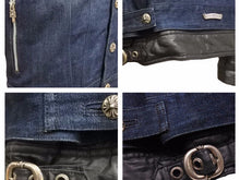 画像をギャラリービューアに読み込む, CHROME HEARTS クロムハーツ デニム リネン ジャケット サイズ M ブルー ブラック シルバー 925 クロスボタン 美品 中古 41377