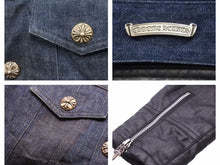 画像をギャラリービューアに読み込む, CHROME HEARTS クロムハーツ デニム リネン ジャケット サイズ M ブルー ブラック シルバー 925 クロスボタン 美品 中古 41377